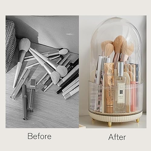 Miniatura 7 de Organizador de brochas de maquillaje con tapa, organizador de brochas de maquillaje giratorio de 360 grados a prueba de polvo con 7 ranuras para