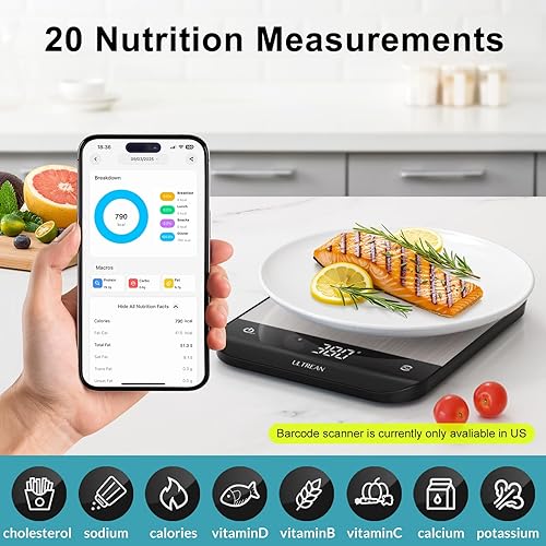 Miniatura 2 de Ultrean Báscula de alimentos con calculadora nutricional, gramos digitales y onzas para hornear cocinar, báscula inteligente de peso de alimentos