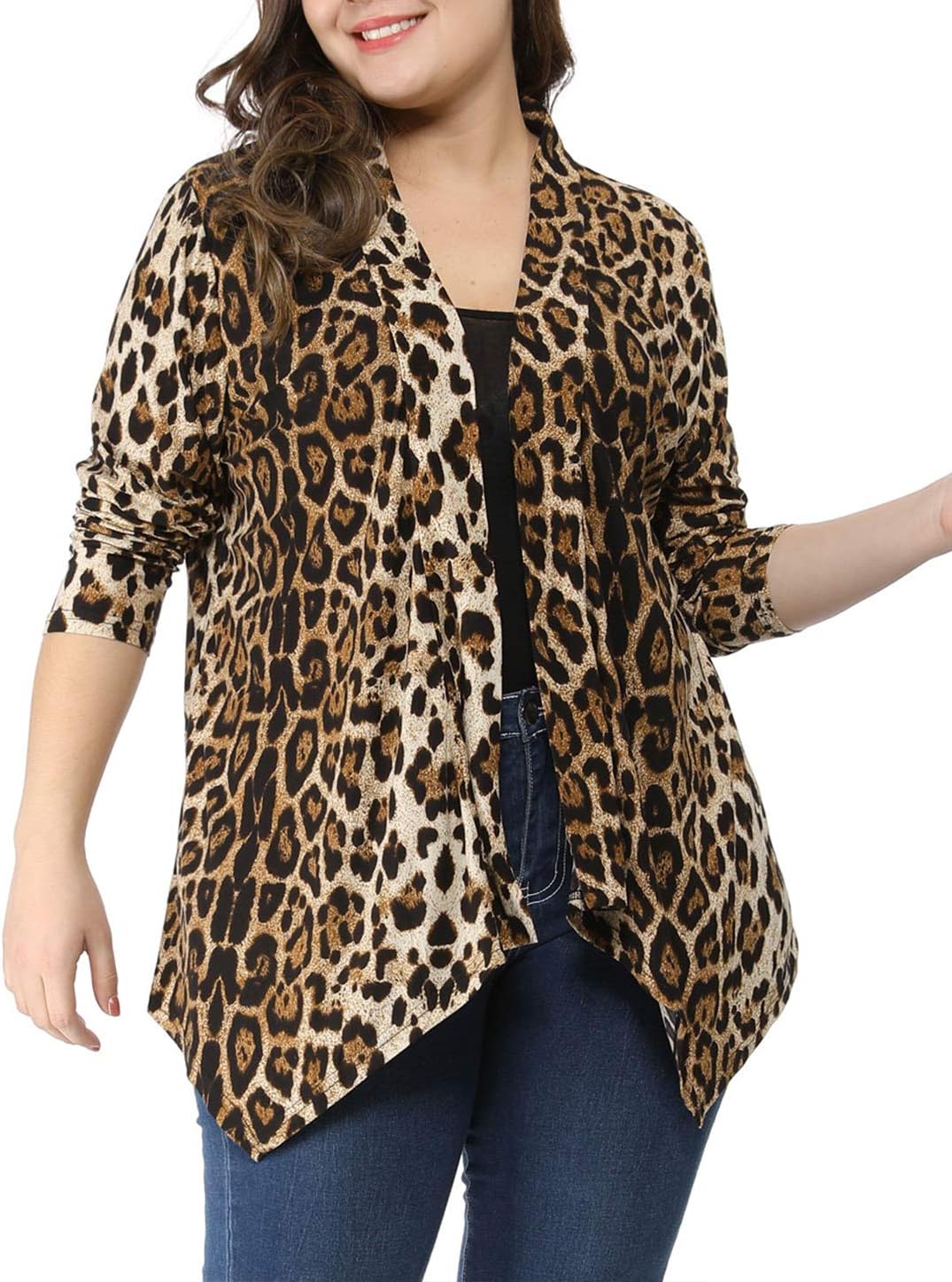 Allegra K Women's Plus Size Leopard Print Asymmetric Open Front Fashion Cardigan 3X Beige