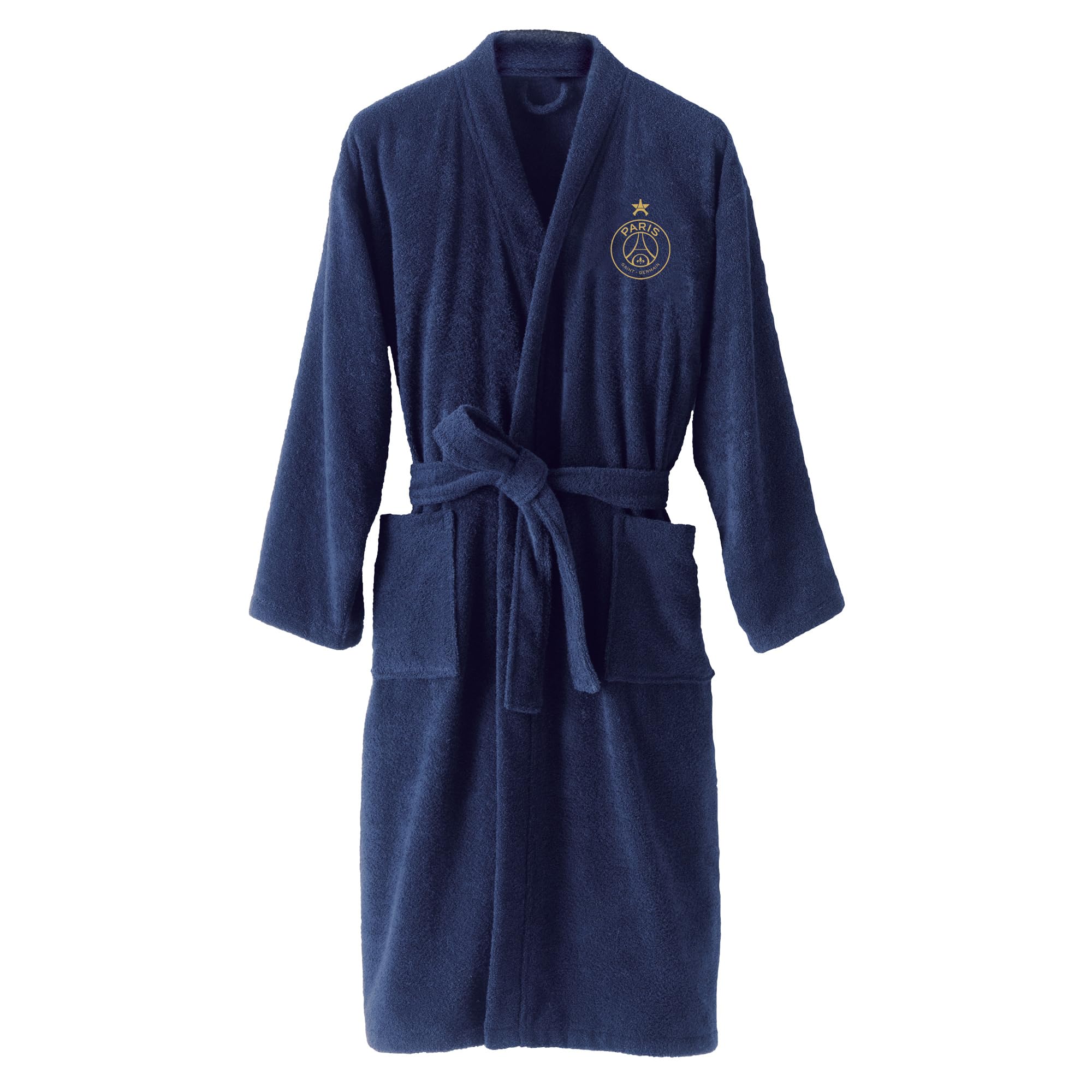 OMYDREAM PSG Europe Peignoir Homme Adulte | 100% Coton Bouclette | Brodé Cœur & Dos | Col Kimono | 2 Poches | Bleu