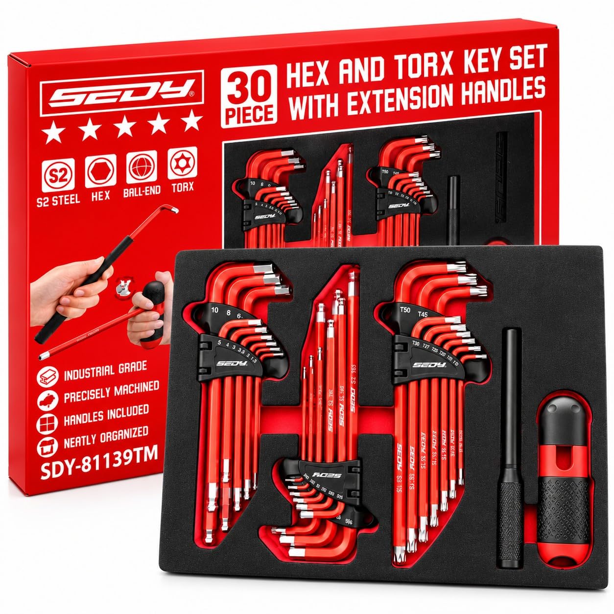 Set 30 Chiavi Torx e L-Hex Esagonali Professionali in Acciaio S2, Metriche e SAE in Pollici, Testa Sferica Ball End, Impugnatura a T e Barra di Estensione, Kit Brugole per Officina e Meccanica