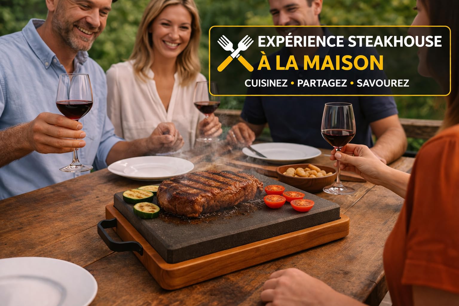 Plaque de Cuisson en Lave Naturelle 27 x 18 cm avec Plateau en Bois – Pierre Chaude pour Steak, Viande et grillades – Service à Table avec poignées – Noir & Marron – Kalu Creations
