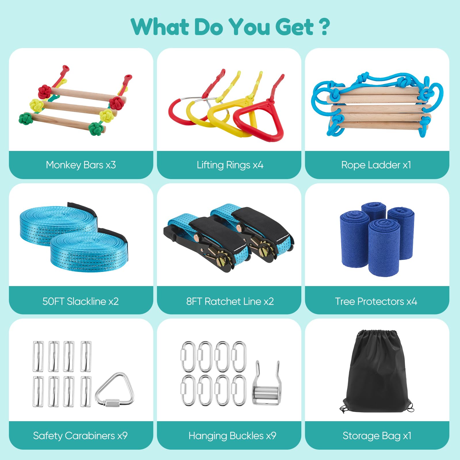 Set Slackline 8 in 1, ostacoli di arrampicata all'aperto con corda, aste per scimmie, anelli per arrampicata e scala, protezione per albero, borsa di stoccaggio, portata fino a 50 kg, per bambini 3-10