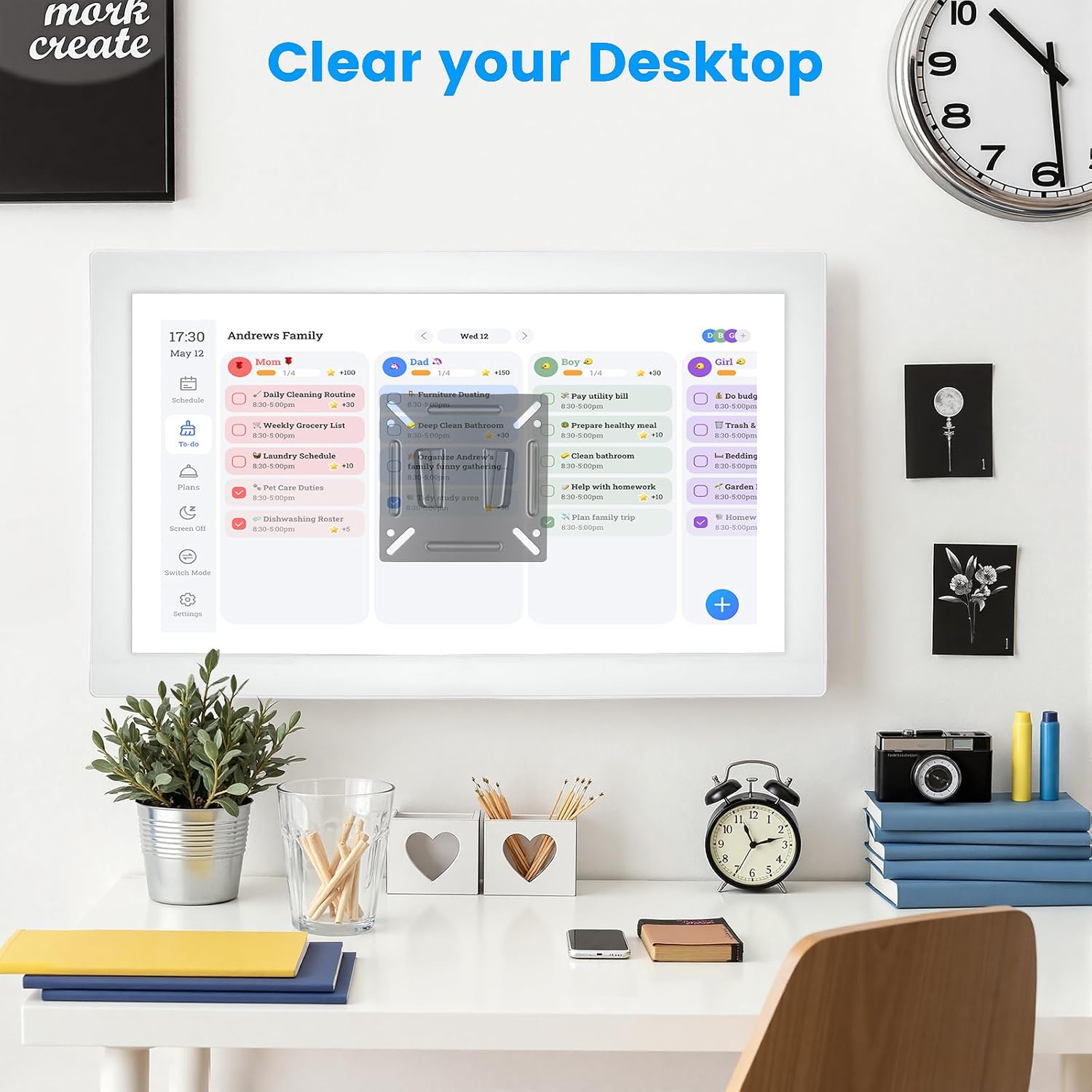 TechKen Monitor Wall Mount for Most 14-27" Smart Digital Calendars & Displays, Max VESA 100x100mm Universal Low Profile Bracket for Digital Calendar, Computer Monitors, RV TVs, 33lbs Capacity Black