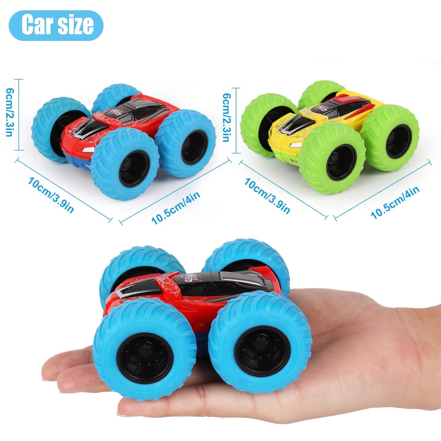 TAPANIYA ENTERPRISE Dynamic Stunt Friction Powered Double-Sided Flip Monster Truck Toy Cars, Blue and Green, Ages 3+, Pack of 2 1