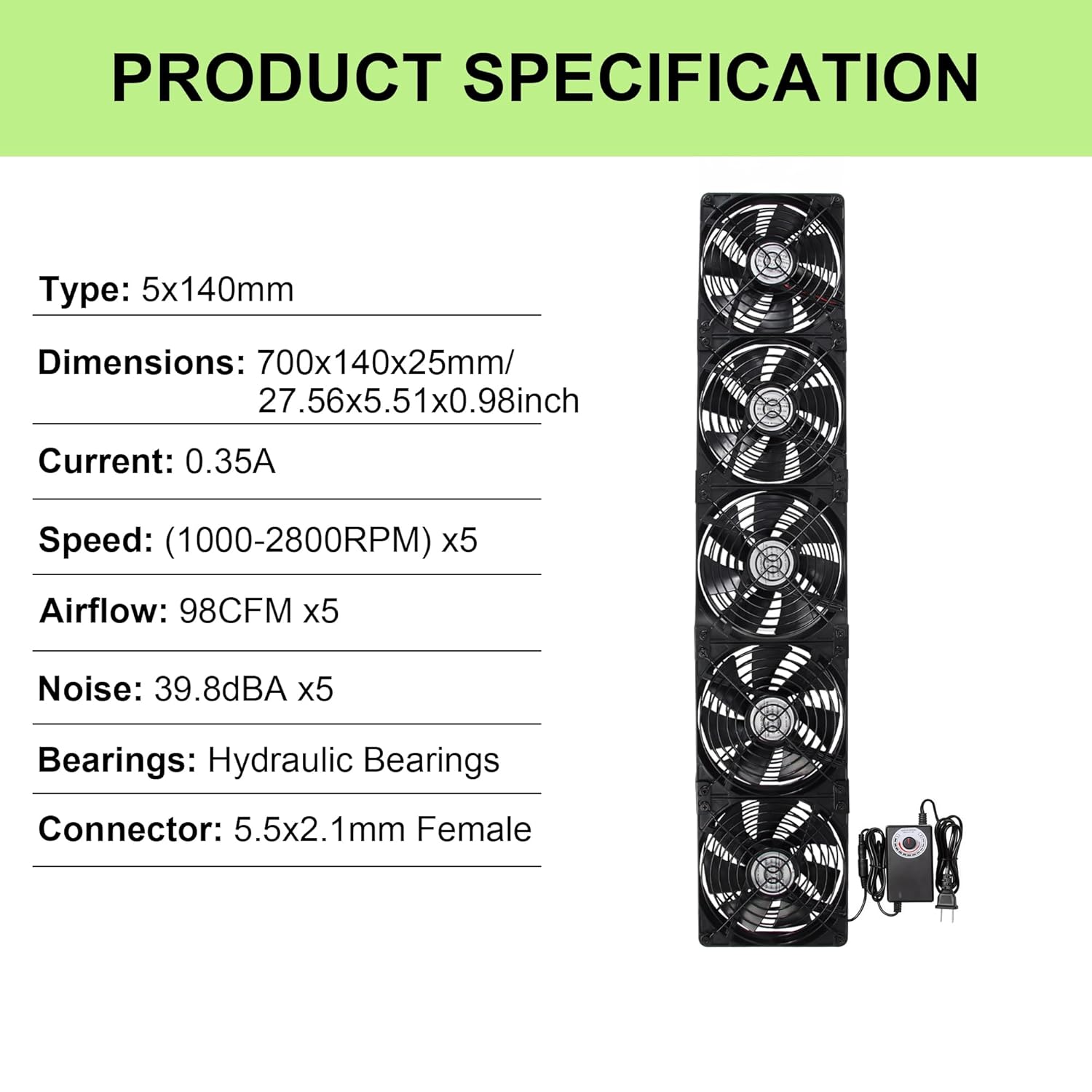 5x140mm 700mm 27.56inch Upgraded Computer PC Vent Cooling Fans with Magnetic Screws Kits and Adjustable Speed for Cabinet Server Mining Rig Chicken Coop