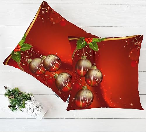 Miniatura 5 de Swono Juego de 2 fundas de almohada cuadradas decorativas de 18 x 18 pulgadas, bolas de Navidad de Año Nuevo, juego de 2 fundas de almohada de