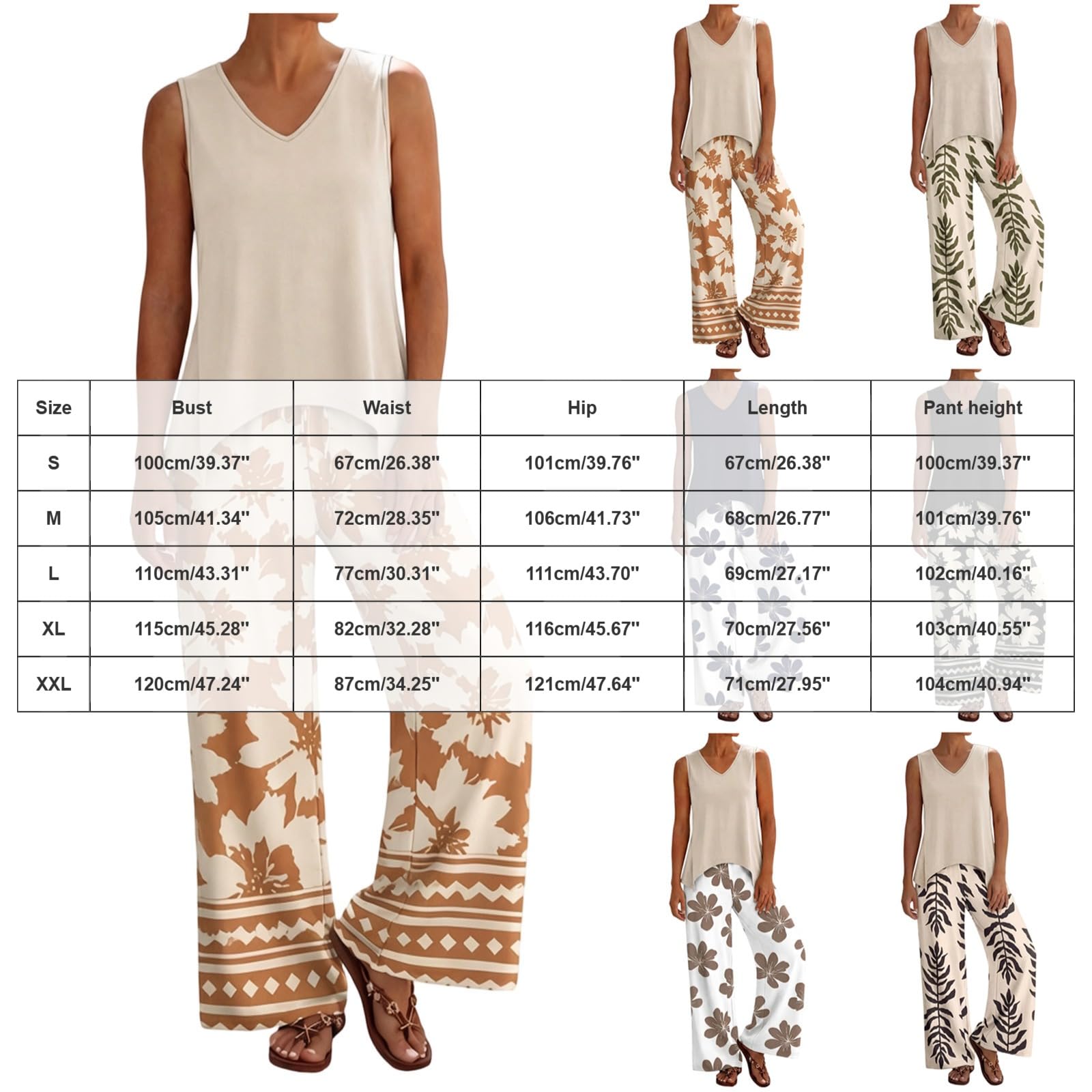 2 teiler damen elegant Zweiteiliger Sommer Leinenanzug für Damen: Baumwoll Oberteil mit asymmetrischem V Ausschnitt, ärmellos, einfarbig, weite Hose mit Blumenmuster, atmungsaktiver 2 (Brown, S)