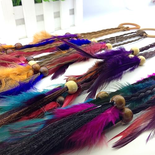 Miniatura 3 de 4 piezas de cuerda de pelo hippie bohemio hecha a mano para mujer, bandas elásticas para el pelo con plumas, accesorios para el cabello, tocado