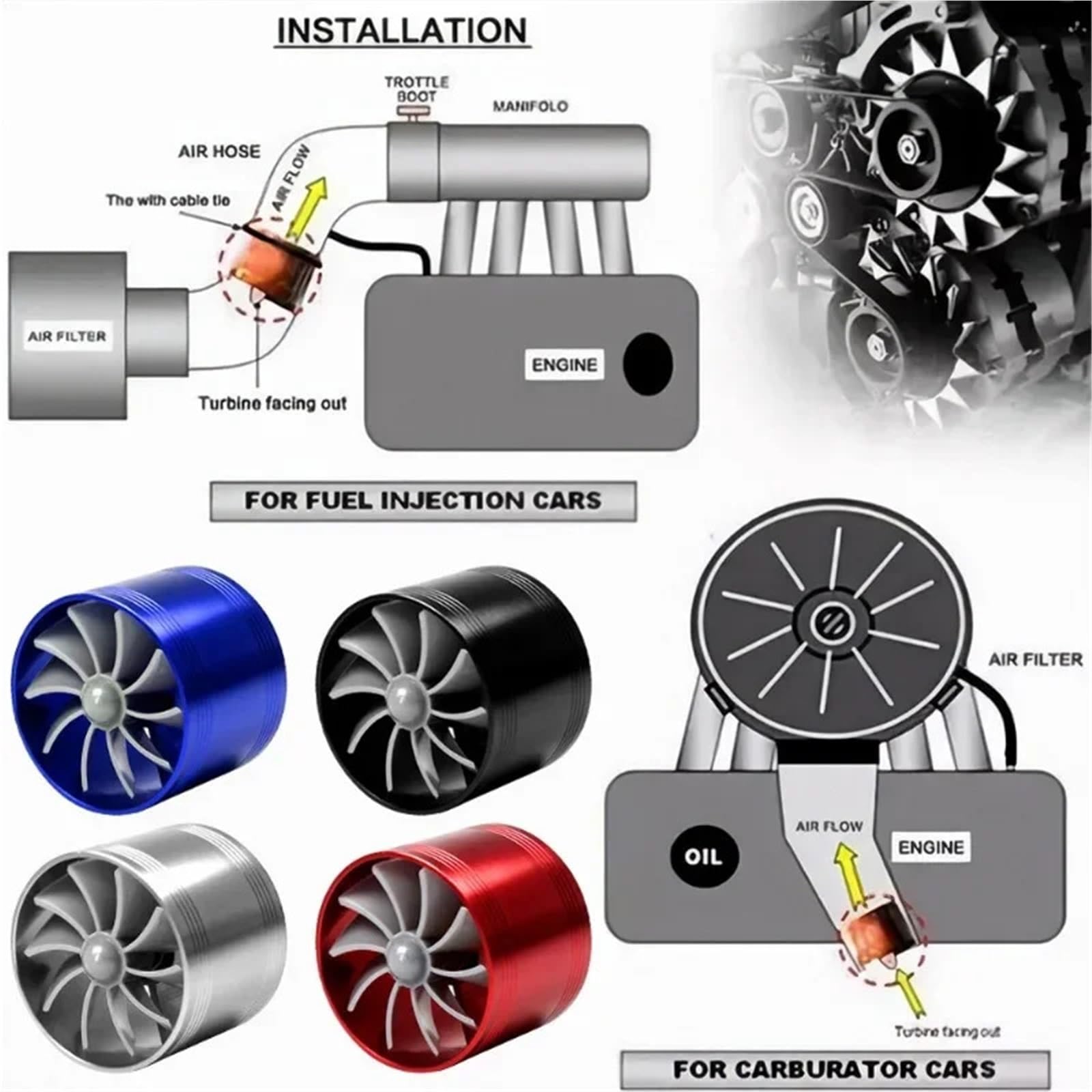 Turbocharger zestaw Jednostronny Wlot Powietrza Do Samochodu Turbosprężarka Gaz Paliwo Olej Oszczędność Wentylator Silnik Turbina Moc Akcesorium Silnik turbo(Blue)