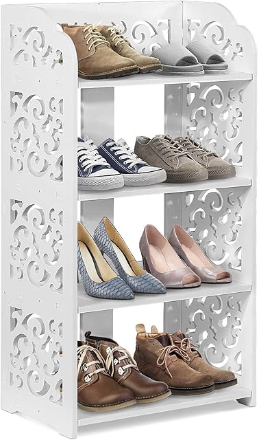 Greensen Shoe Rack White Small Shoe Storage 4 Tier Small Bookcases for Small Spaces Slim Shoe Storage Cabinet Bookshelf Storage Shelf Shoe Cupboards for Hallways, Bathroom, Living Room