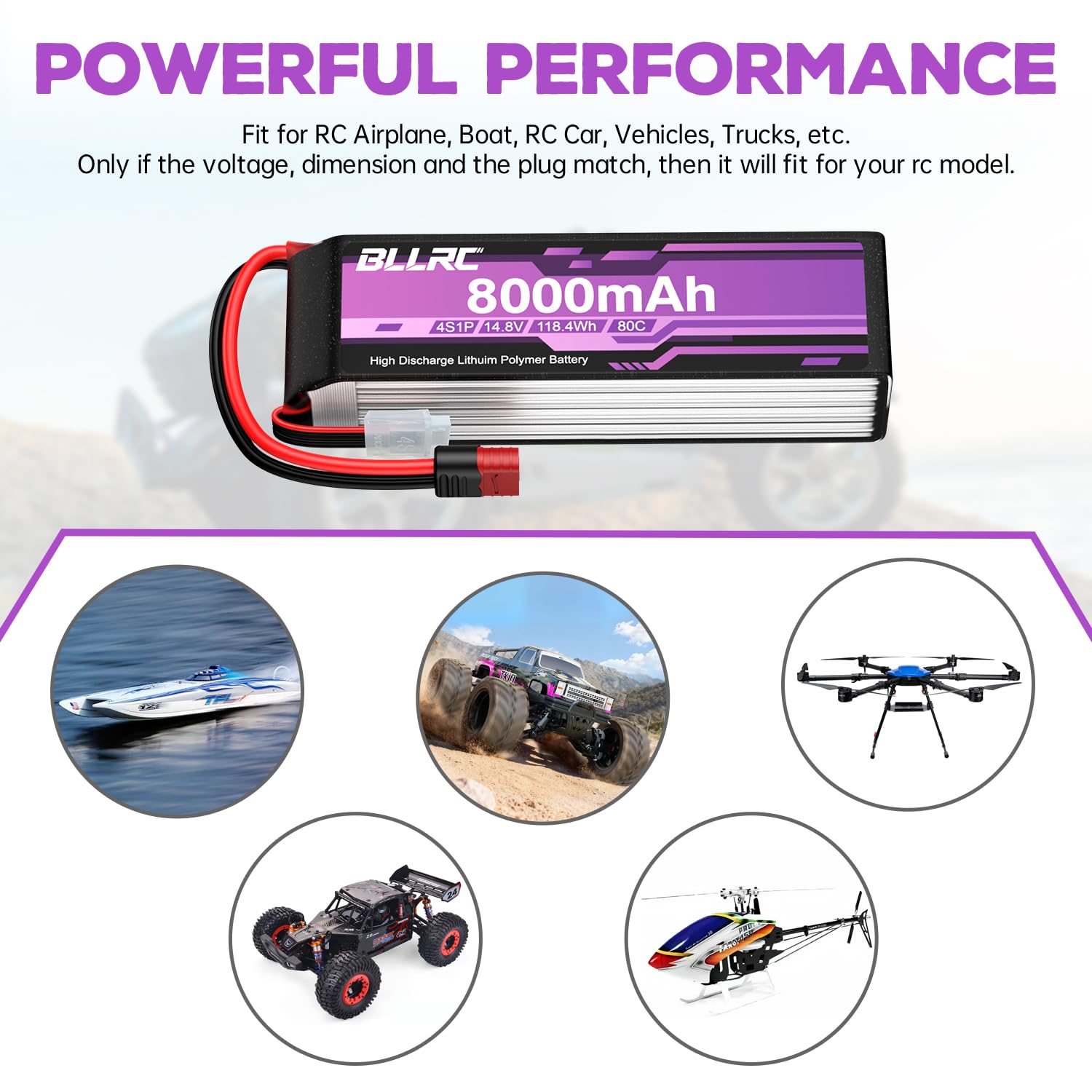 Batteria al litio 4S da 14.8V, 80C, 8000mAh con connettore a T, adatta per auto RC, camion, veicoli fuoristrada, quadricotteri, droni per fotografia aerea, aeroplani RC ed elicotteri RC