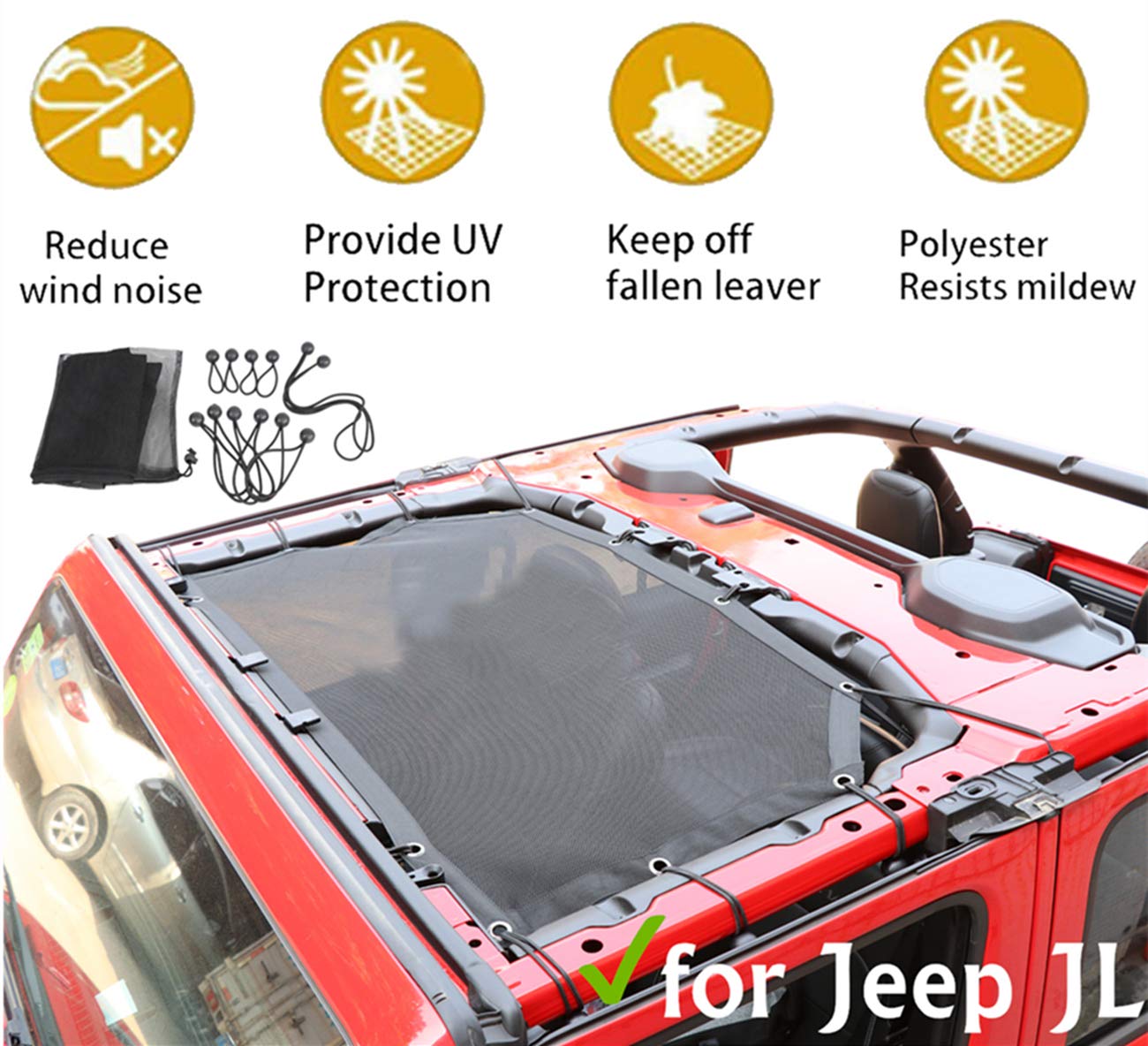 CheroCar Mesh Sun Shade Top Cover For Jeep Wrangler JLU (2018–2019) – Black Polyester