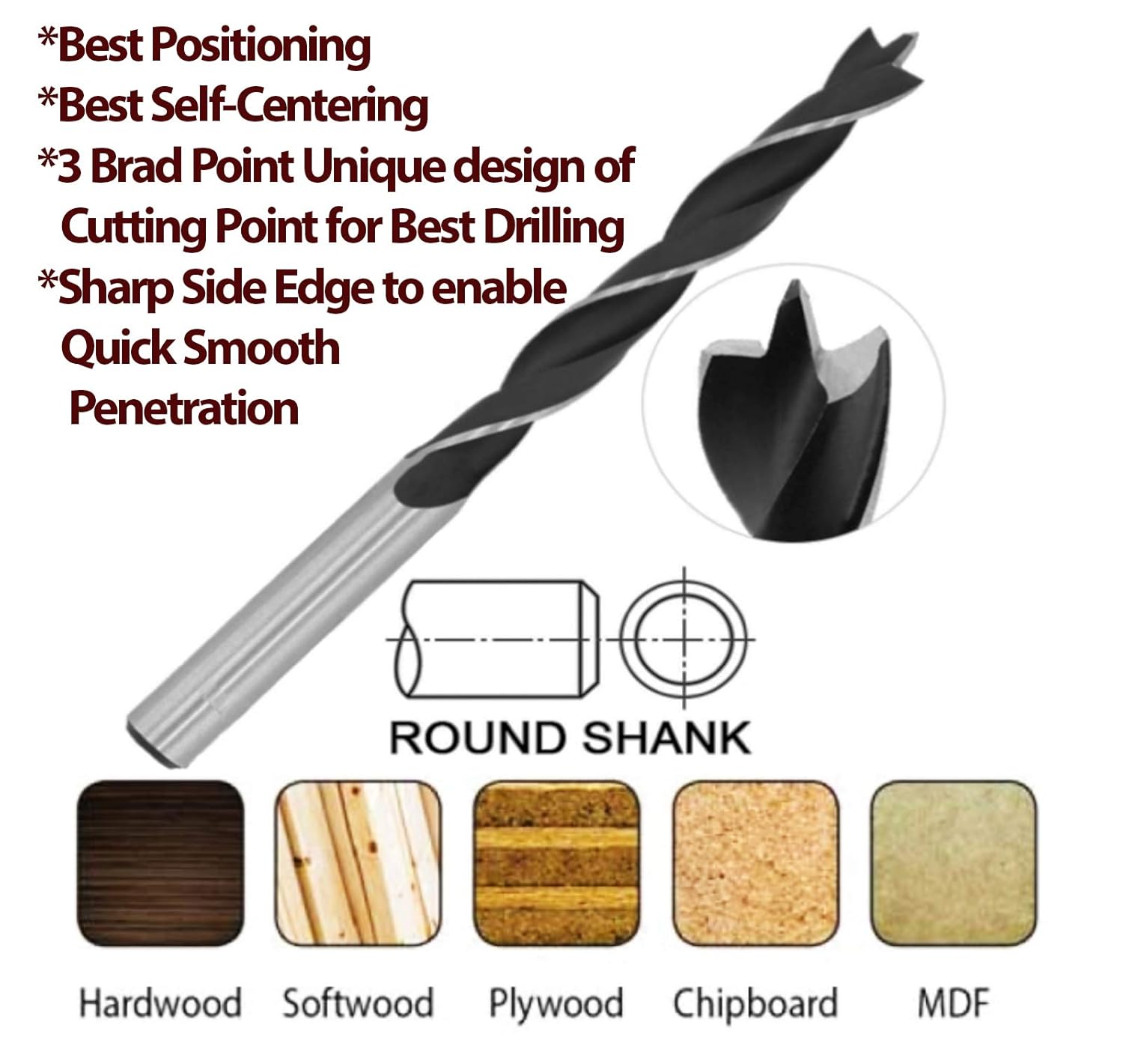 Wood Brad Point Drill Bit Set 1/2 In. Spur Point Stubby Woodworking Twist Drill Bits-5Pcs: Tools & Home Improvement
