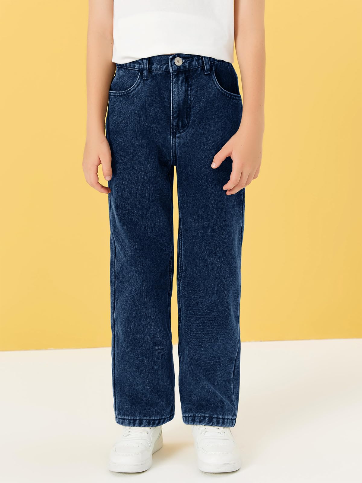 Haloumoning Jeans da ragazzo foderati in pile termico per bambini con elastico in vita gamba dritta pantaloni in denim con tasche