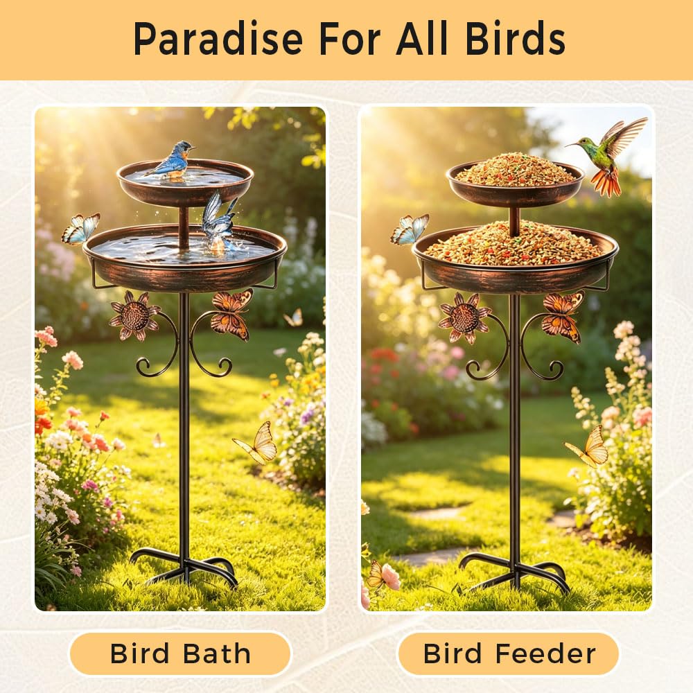 115cm Vogeltränke Stehend, Vogelbad für Draußen Garten, 2 In 1 Wassertränke für Vögel, Vogelbad Garten Stehend mit Stabiler 5-Zinken-Basis für Garten und Rasen, Winterfest Futter Wasserschale