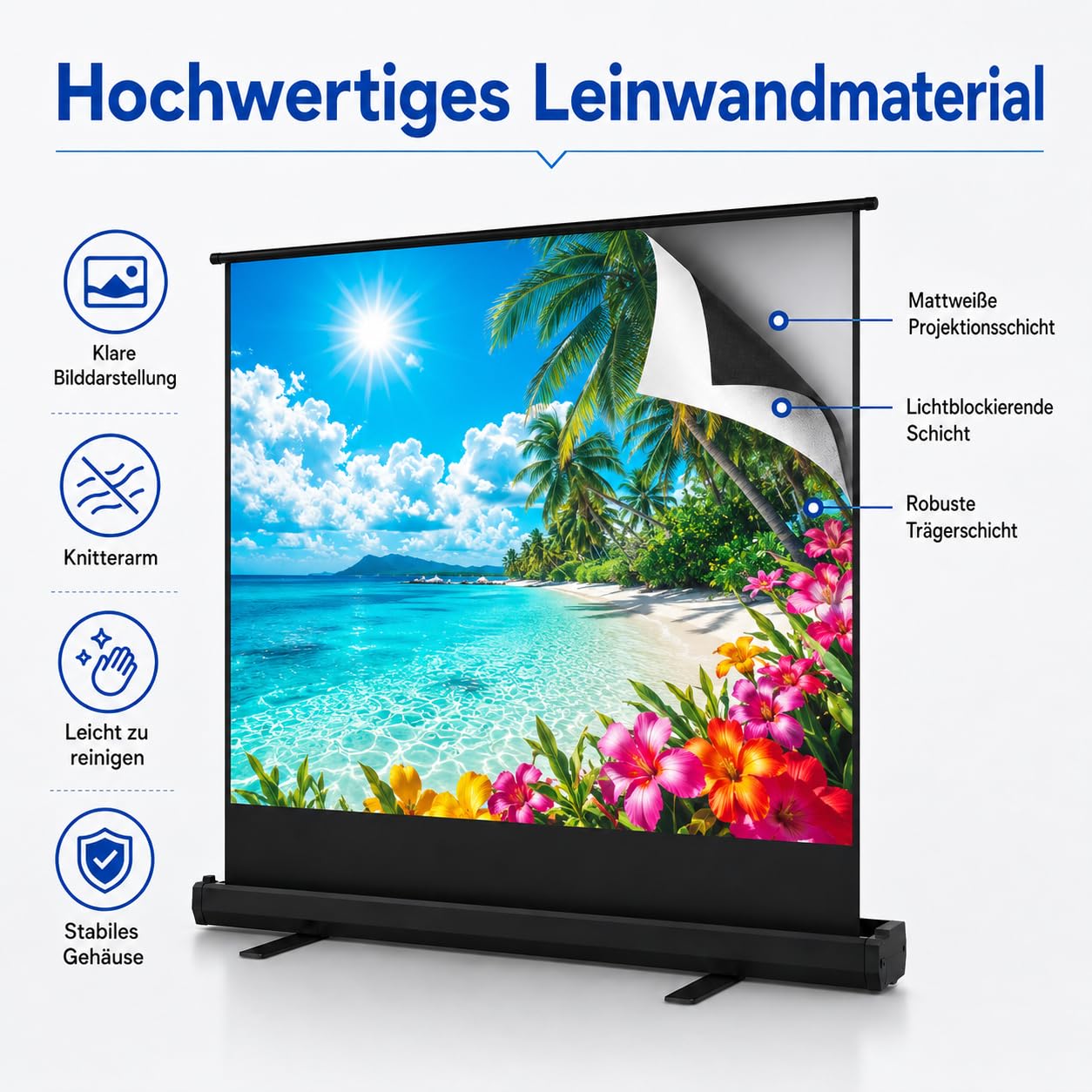 Tragbare Non-Tension ALR Leinwand Beamer 100 Zoll Format 16:9,Hochziehbare Pull-Up Beamer Leinwand mit Ständer,Ideal für Heimkino, Innen-/Außenfilme