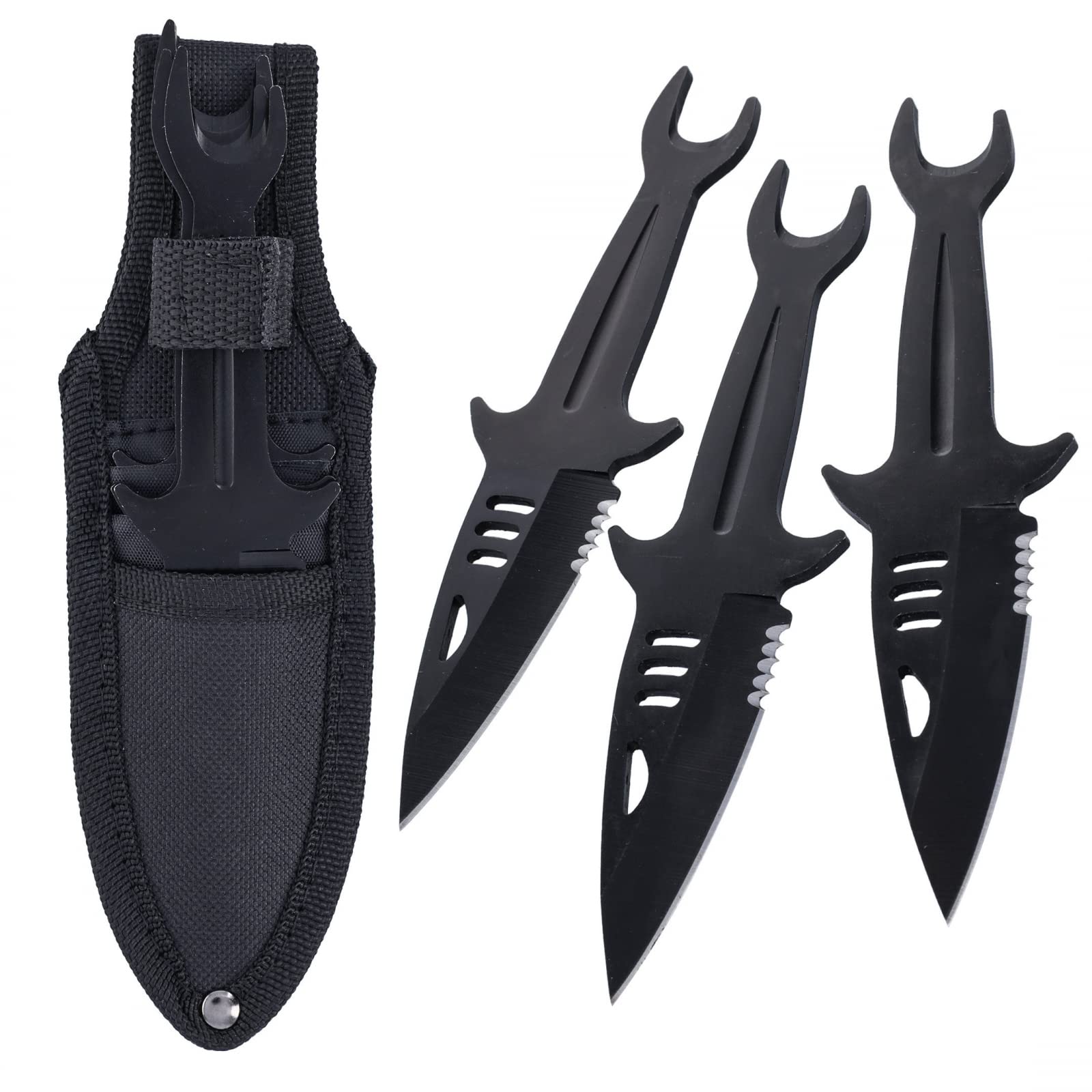 ASR Tactical 3pc Stainless Steel Shark Full Tang Throwing Knives Set with Knife Sheath, Matte Black 6.5 Inch