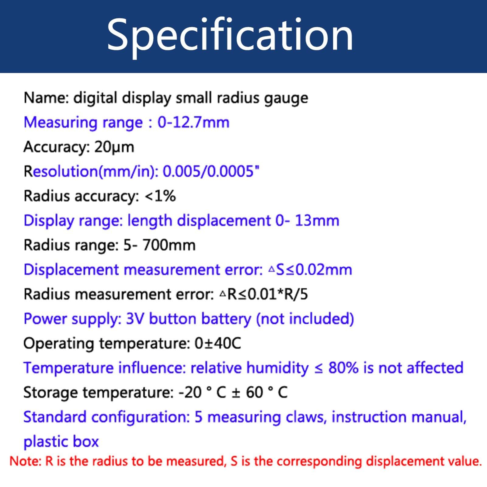 Elektronischer Digitalradius -Messgerät, digitaler Radius -Messgerät mit hoher Genauigkeit mit austauschbarer Messung Jaws 10 mm/20 mm/30 mm/60 mm/100 mm, Radius -Messwerkzeug