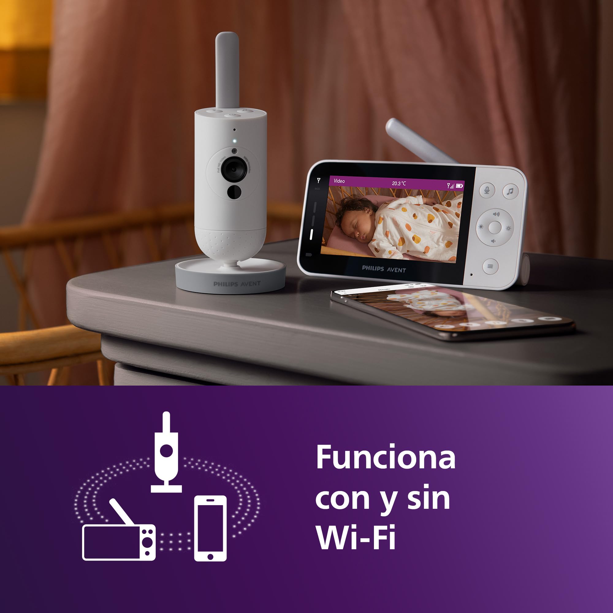 Philips Avent - Monitor de bebé Conectado con WiFi, cámara HD, visión Nocturna infrarroja, detección de llanto, Audio bidireccional, 12 Horas de Tiempo de Pantalla en Modo ecológico, Modelo SCD951/26