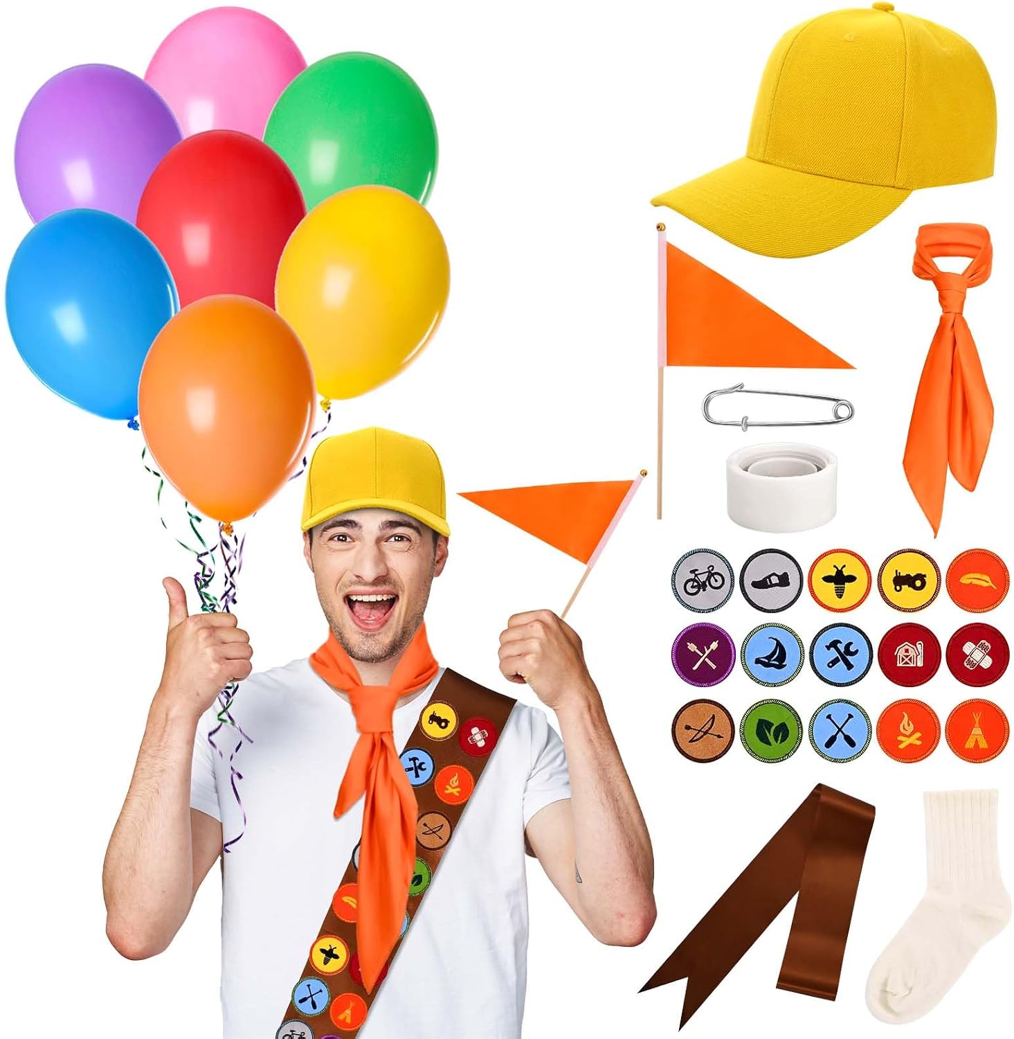 Halloween Scout Costume for Adult Includes Scout Badge Patch Sash Hat Neck Scarf Balloons Flags Socks Pins Glue for Wild Camping Adventure Explorer Cosplay Accessory Kit