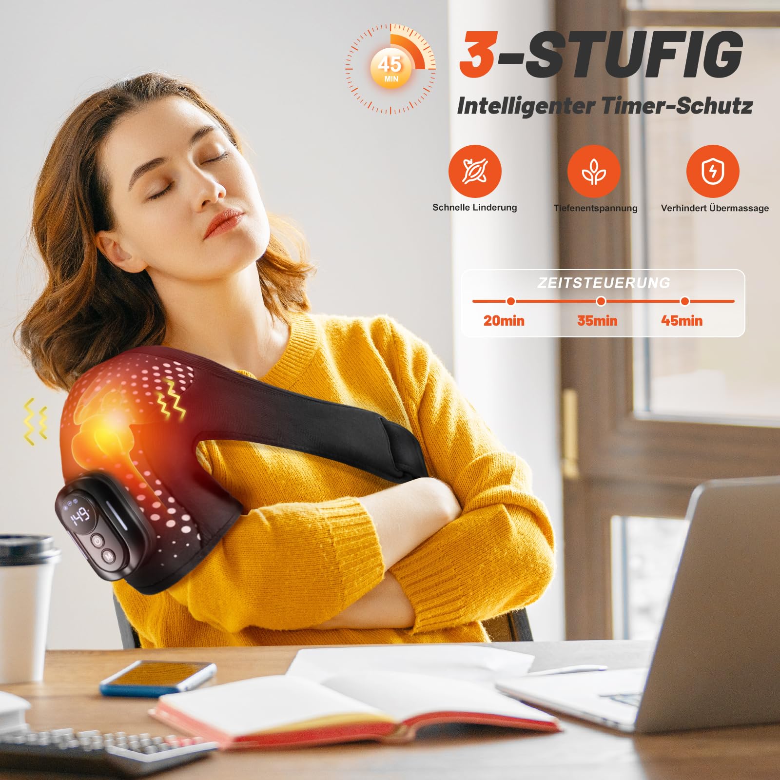 Schulter Massagegerät, kabellose Schulterbandage mit abnehmbarer Fernbedienung, 6 Heizstufen & 5 Vibrationsmodi & Timer, 3-in-1 Massagegerät für Zuhause & Büro,5000mAh Akku,geeignet für Damen & Herren