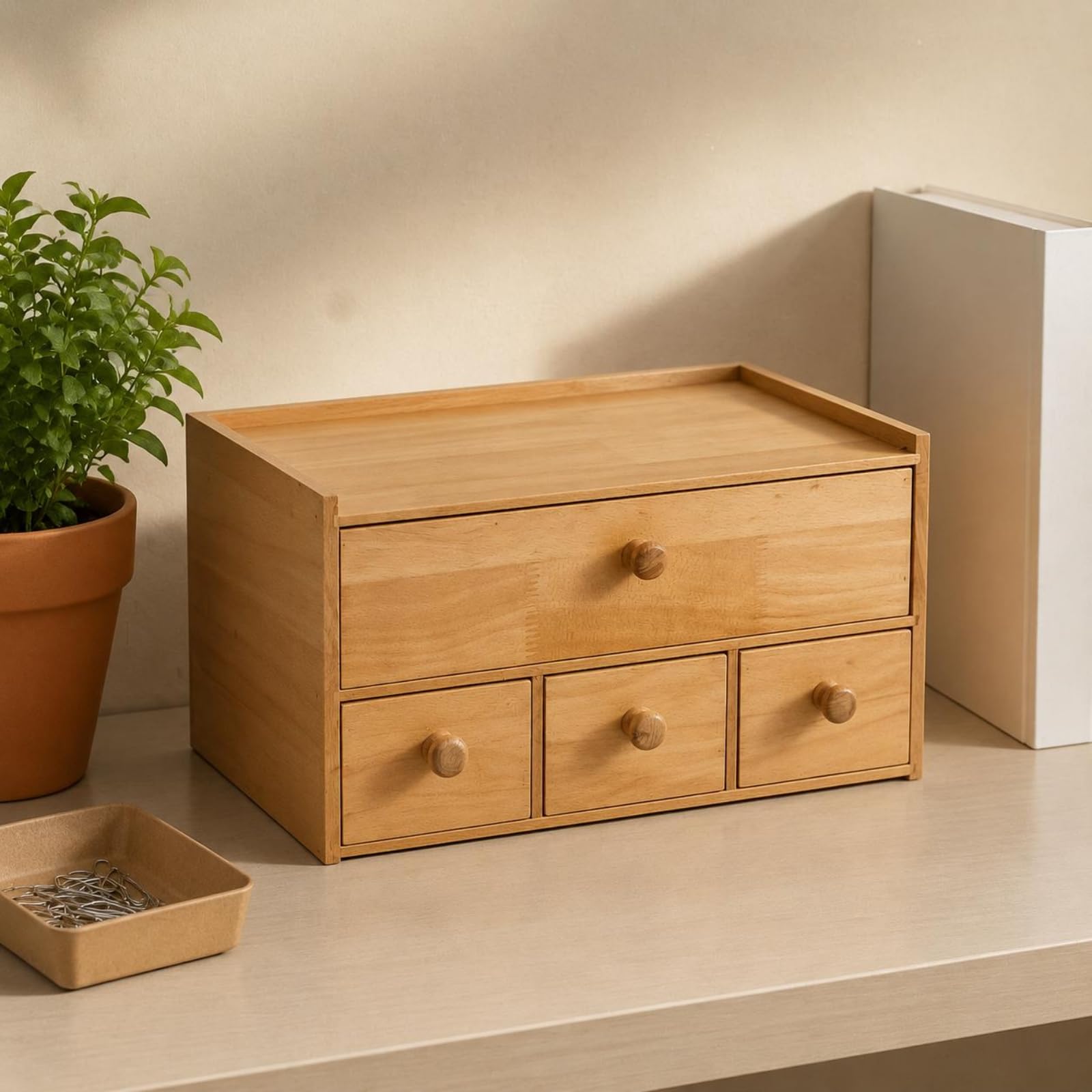 predolo Cassettiera da Scrivania in Legno Ripiano Superiore Piatto Organizzatore con Cassetti in Legno Fatto a Mano per Ufficio, Legno Naturale, Scatola Da Tè A 4 Cassetti