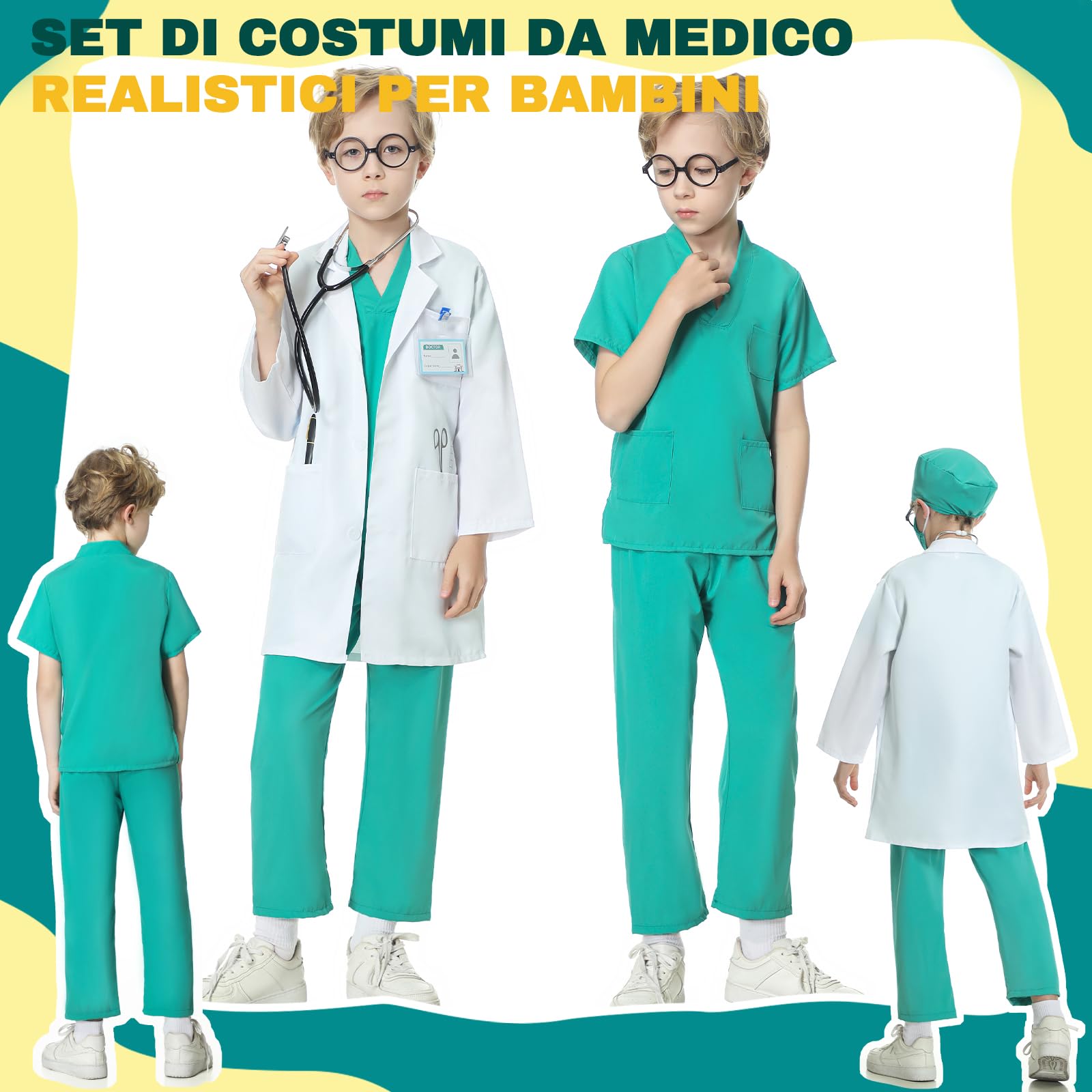 JONRRYIN Costume Dottore Bambino, Chirurgien Costume, 8 Pezzi Kit Dottore per Bambino, Dottore Costume con Stetoscopio, Kit Dottore Medico Gioco Dottore Costume Carnevale per Bambini