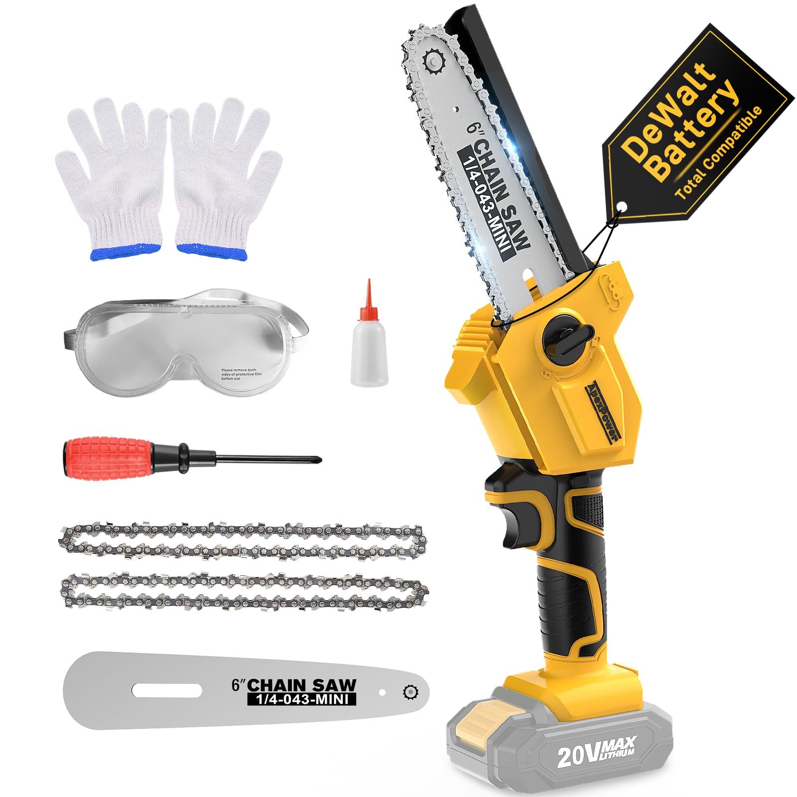 20V Brushless Mini Chainsaw, for DEWALT 20V MAX Battery, 6 Inch Handheld Chainsaw with 2 Chains, Security Lock, 1.98Lbs Lightweight, Portable Electric Chainsaw Cordless for Wood Cutting Tree Trimming