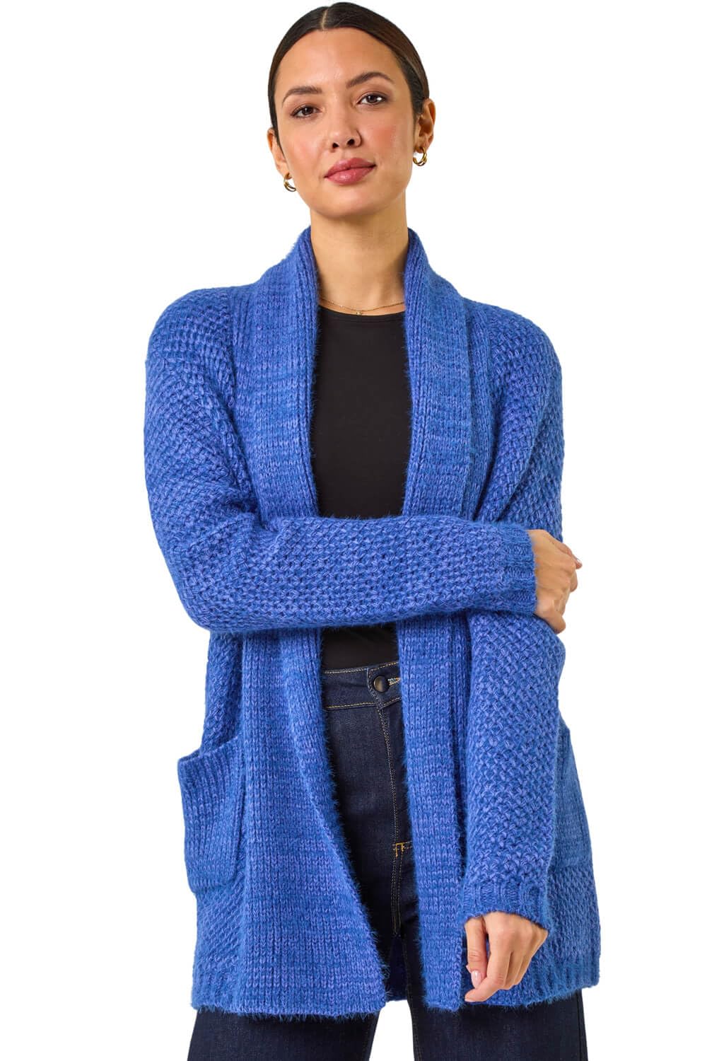 Roman Originals Women's Indigo Fluffy Textured Knit Cardigan For Uk - Everyday Autumn Winter Comfy Soft Evening Vacation Work Party Night Out - Size 16