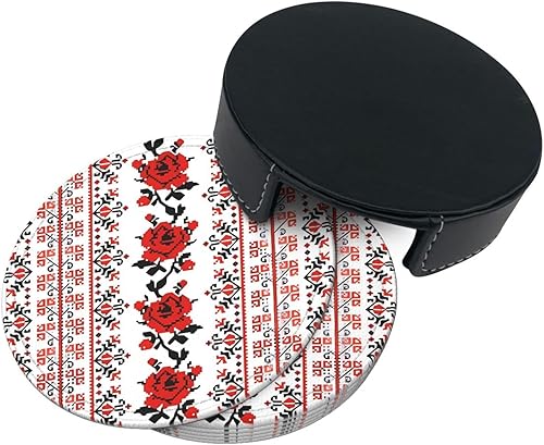 Miniatura 4 de Ukrainian Embroidery Style Rose Fashionable Printed Leather Coaster Set,A Set of 6 Pieces,4 Inches in Diameter,Adding an Artistic Atmosphere to Your