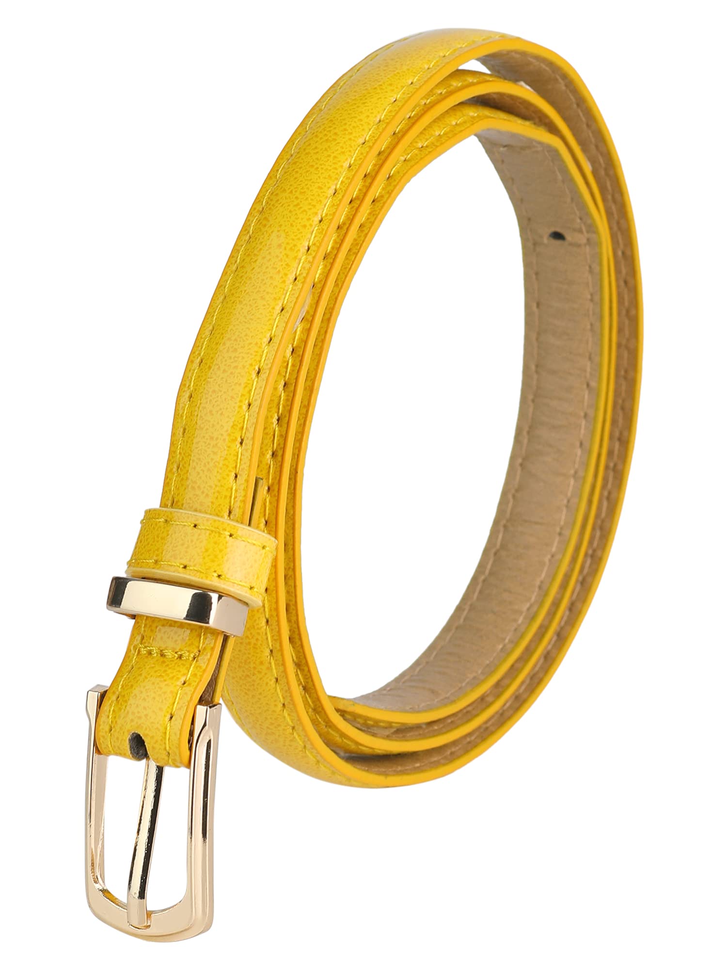 sourcing map Womens Patent Leather PU Skinny Waist Belt for Jeans with Alloy Buckle Yellow Waist: 29-32