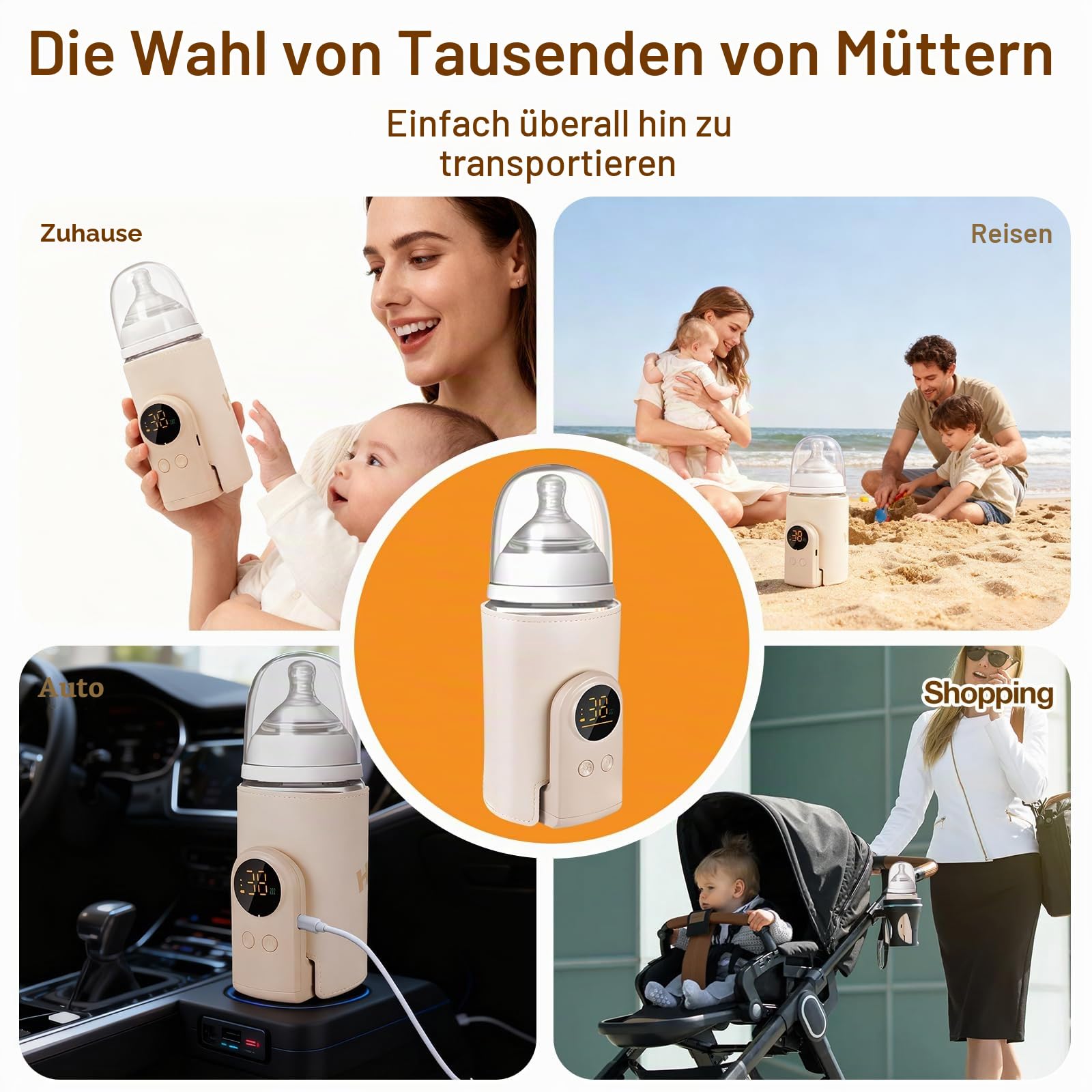 Flaschenwärmer Baby, Tragbarer Flaschenwärmer Akku mit LCD-Display, USB-Aufladung, 6 Einstellbare Temperaturstufen (38-50°C), Schneller Heizung, Unterwegs Babyflaschenwärmer für Unterwegs und Zuhause