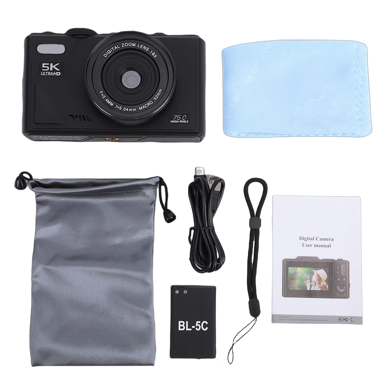 Jectse Fotocamera Digitale, 5K 75MP Anti-Shake Point And Shoot Camera con Schermo Flip da 3 Pollici a 180°, Piccola Fotocamera da Viaggio Compatta Flash Integrato per Bambini (Black)