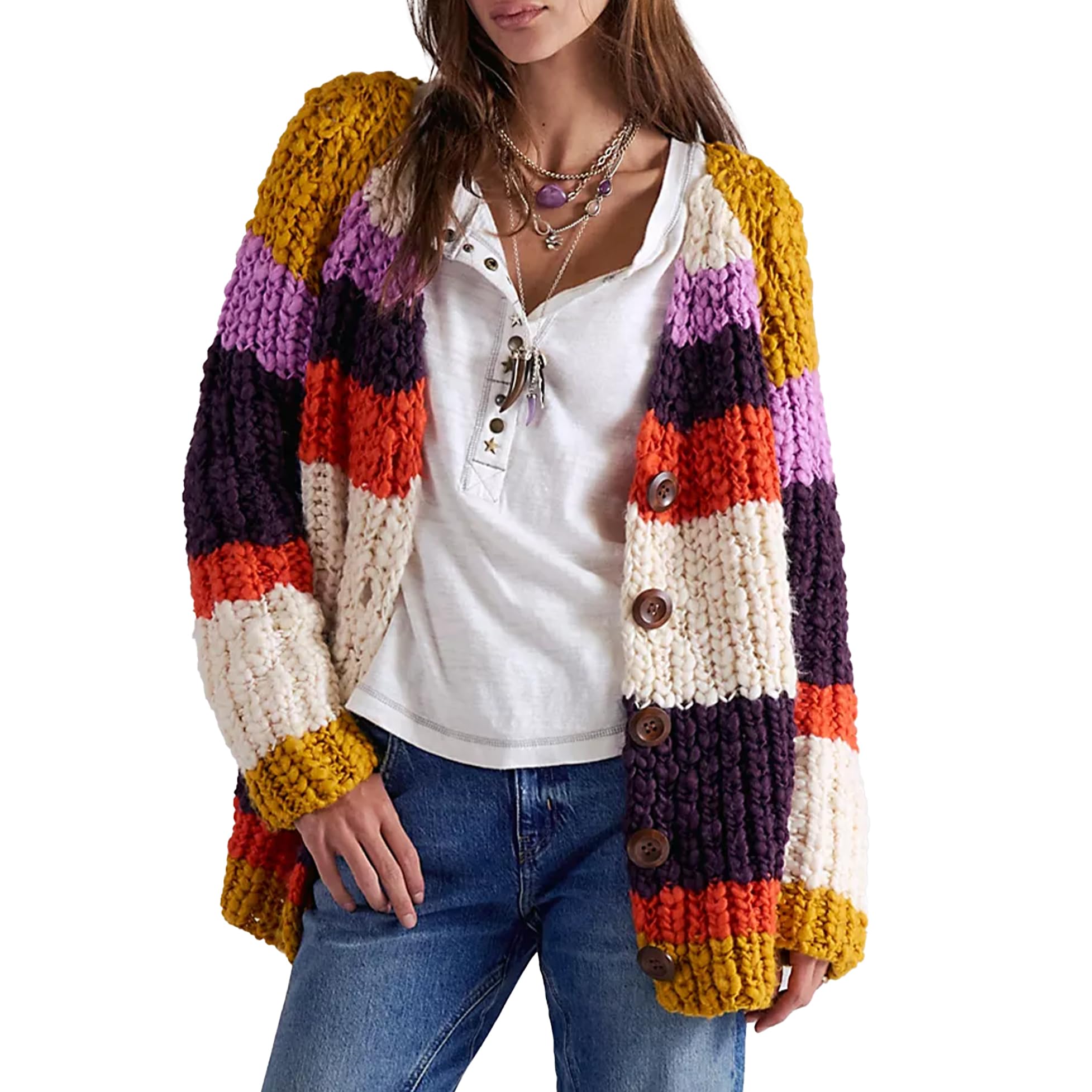 Cardigan Sweaters for Women Oversized V Neck Stripe Crochet Sweater Cardigans Y2k Vintage Open Front Sweaters