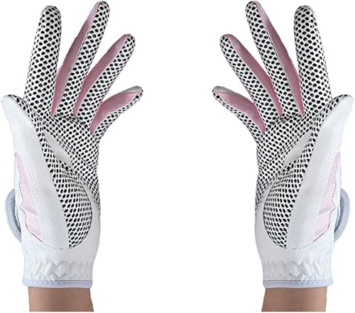 Vista 6 de PGM Guantes de golf para mujer, un par (4 opciones de color), sistema de agarre mejorado, fresco y cómodo Blanco Azul