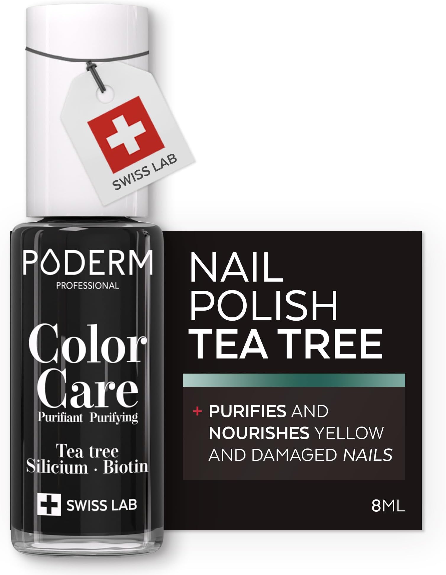 PODERM Swiss-Made Antifungal Nail Polish – Black | Breathable Treatment with Tea Tree, Silicon & Biotin | Strengthens, Repairs & Conceals Yellow, Brittle & Damaged Nails | Podiatrist-Developed