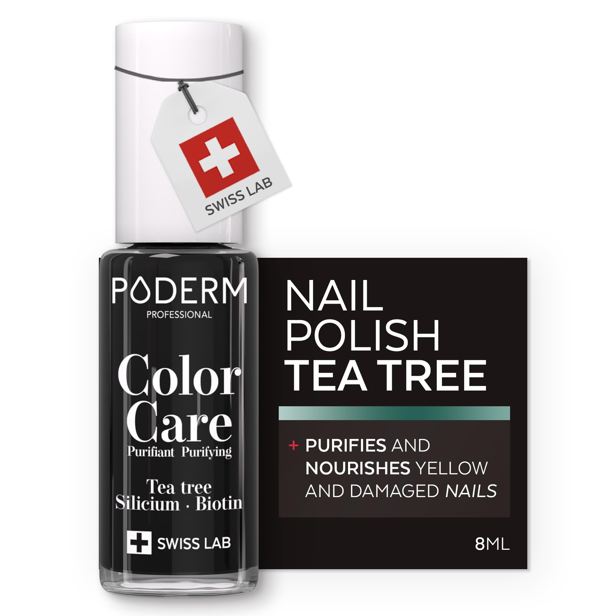 PODERM Swiss-Made Antifungal Nail Polish – Black | Breathable Treatment with Tea Tree, Silicon & Biotin | Strengthens, Repairs & Conceals Yellow, Brittle & Damaged Nails | Podiatrist-Developed