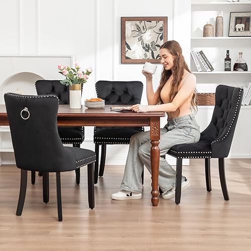 Miniatura 28 de Kiztir Juego de 2 sillas de comedor de terciopelo, sillas de comedor tapizadas con ribete de anillo y respaldo con botón, silla de comedor copetuda