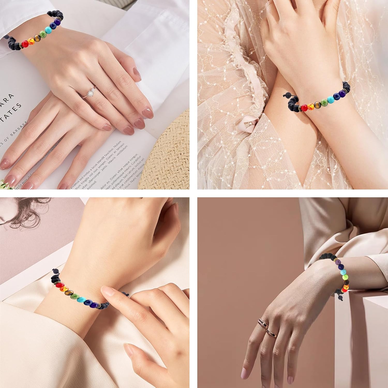 Lava Rock Chakra Bracelet 7 Chakra Real Stone Healing Crystal Bracelets 8mm Natural Stone,Bead Bracelet with Adjustable Braided Rope for Yoga Essential Oil Diffuser,Natural Stone Gifts for Women - Image 5