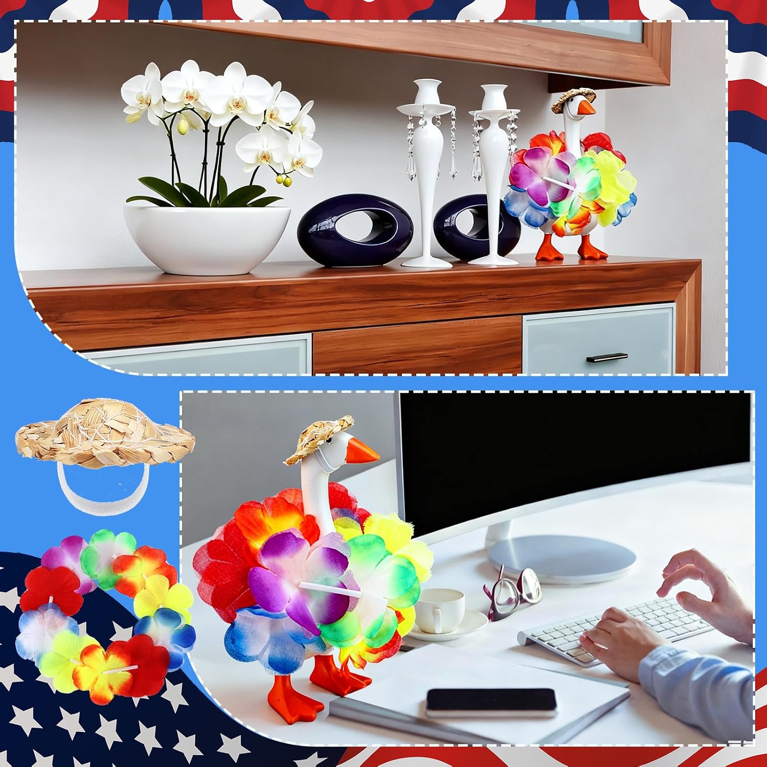 8 Set 7 Inch Desk Goose Outfits 4th of July Patriotic Flag Green Shamrocks Pink Bunny Small Porch Goose Costumes Small Desk Geese Festivals Outfits Combination Funny Geese Clothes for Magnetic Statue