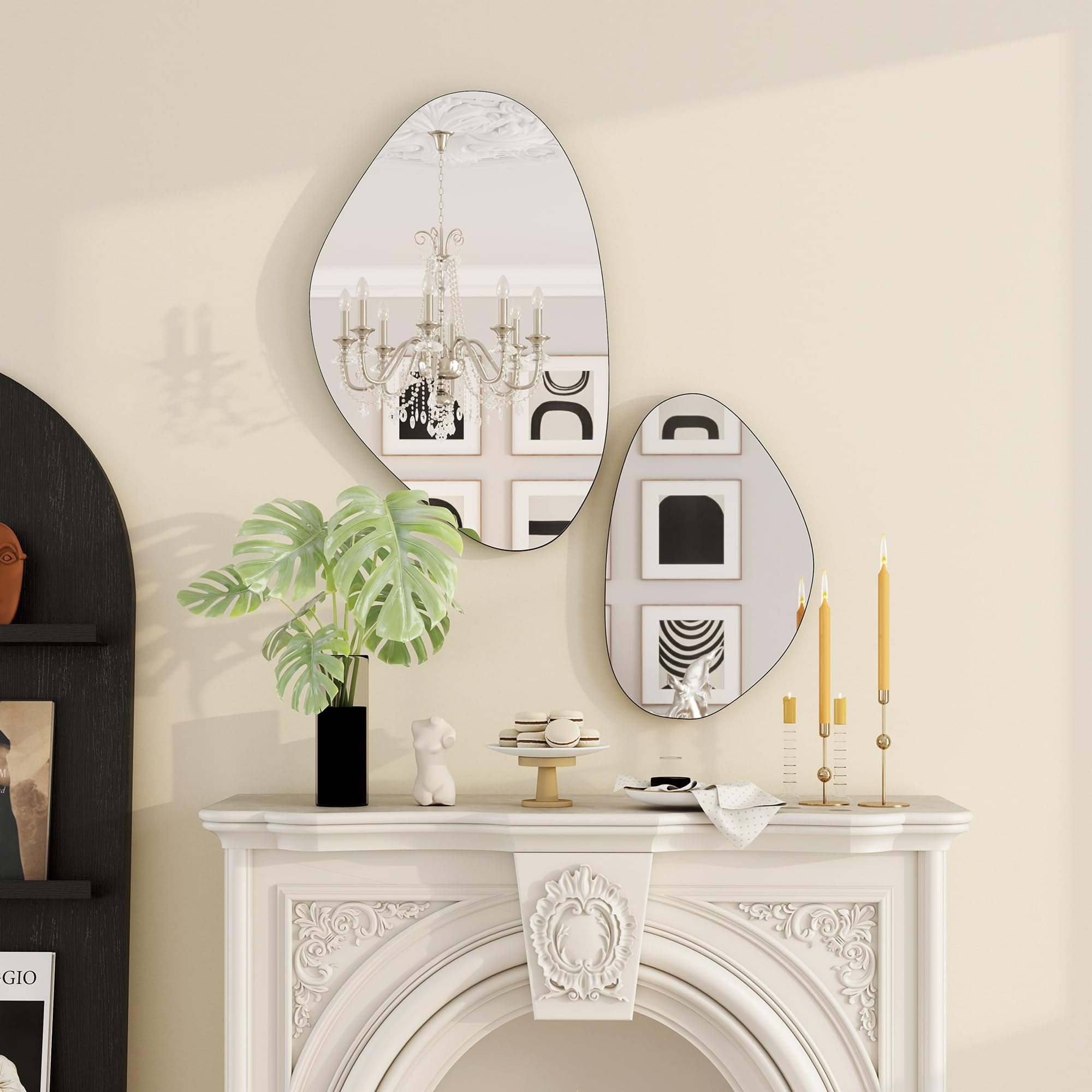 HOMCOM Specchio irregolare set 2 a ciottolo cornice metallica nero | 70 x 46 cm, 49.5 x 31 cm, Specchio asimmetrico sospeso a parete, soggiorno, ingresso, camera da letto, corridoio