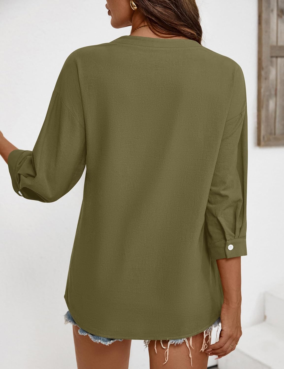 LOMON Cotton 3/4 Sleeve Button Down Shirts for Women V Neck Casual Loose Button Up Blouse - Image 6