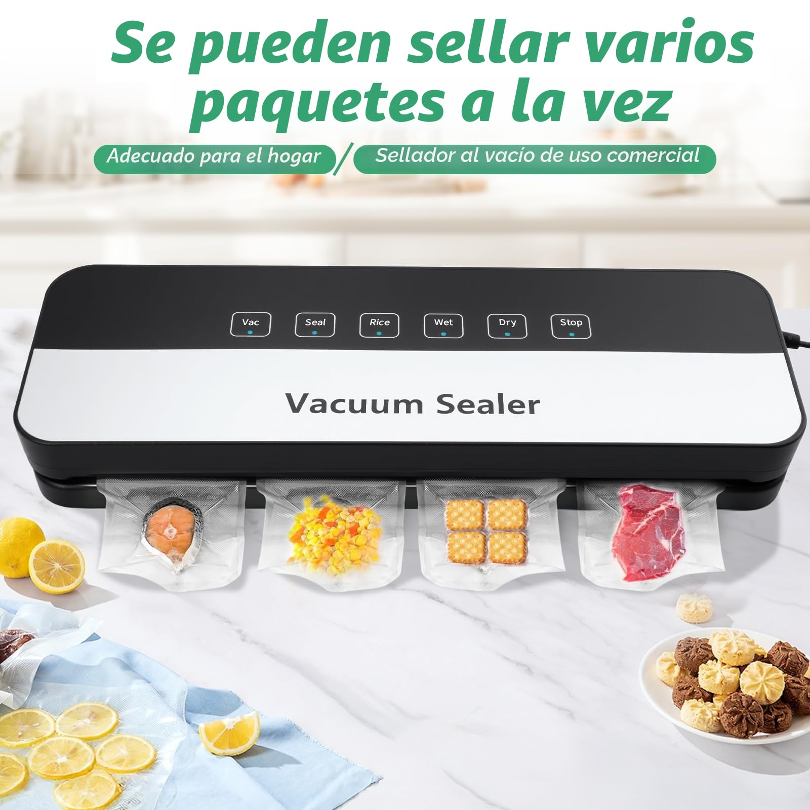 Envasadora al vacío 6 en 1 para alimentos en modo seco/húmedo, sellador de película de alimentos con bolsa de vacío