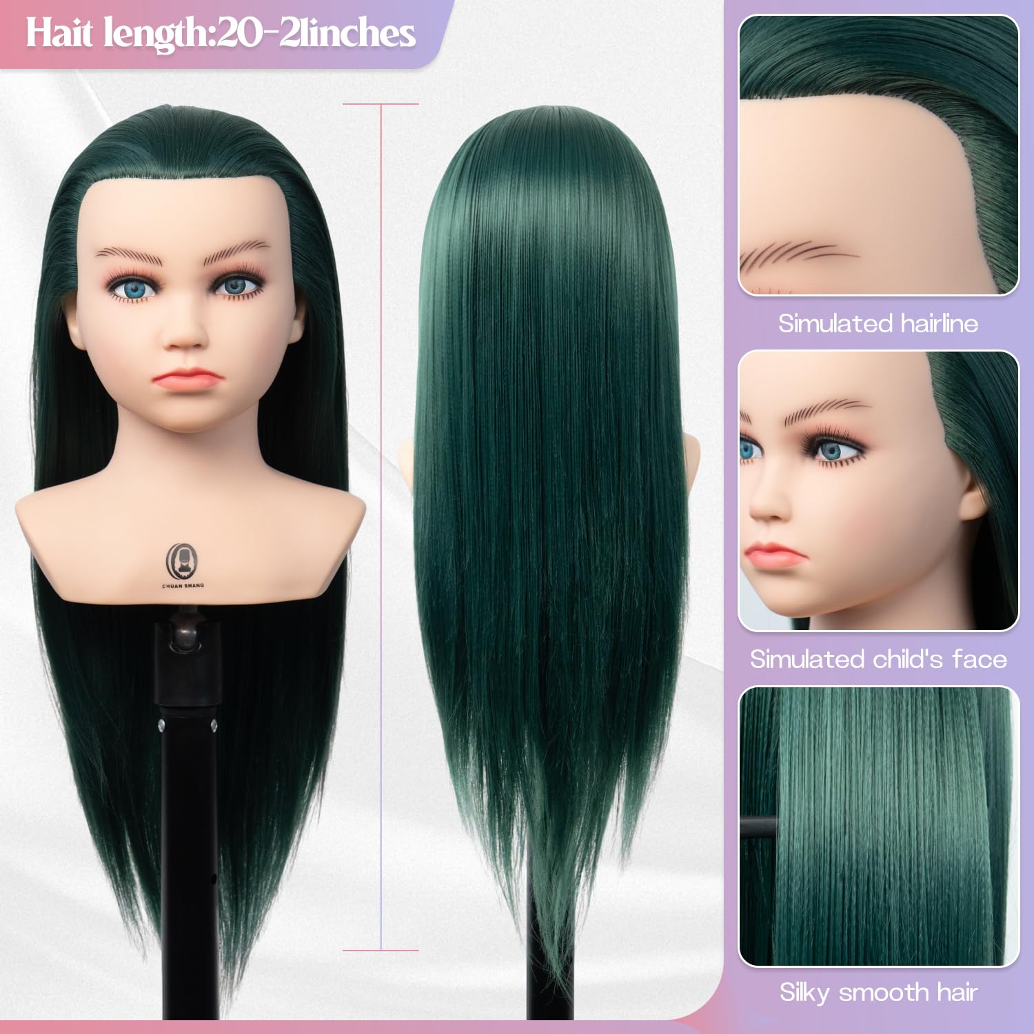 Mannequin Head 20-21" Synthetic Fiber Hair with Clip-on Stand Set,Practice Head Doll Head for Hair Styling Kids Hairdresser Training Doll Head (Green)