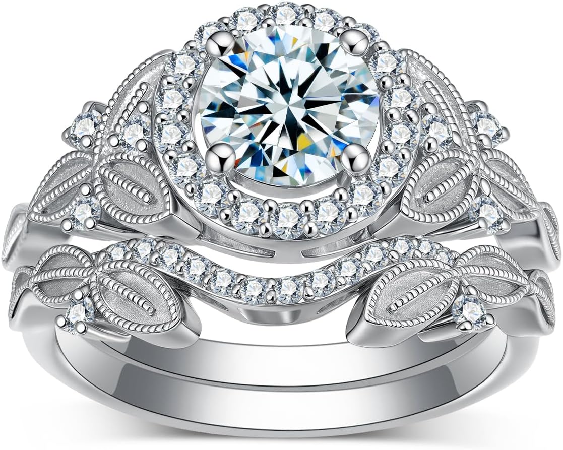 Round-Cut 1CT Moissanite Wedding Ring Sets for Women, 925 Sterling Silver Leaf Engagement Ring With Halo, Bridal Ring Set Wedding Pave Band for Anniversary Christmas Jewelry Gifts