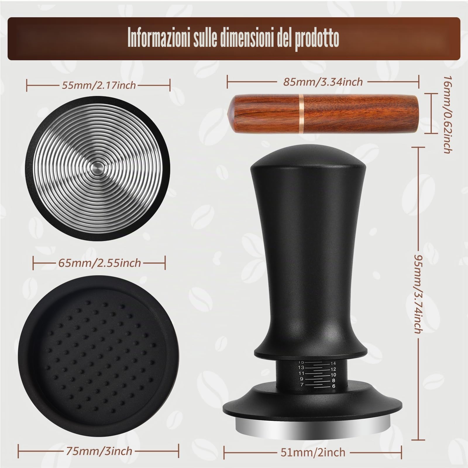 Set Pressino per caffè 51mm | con WDT Tool e Tappetino, Base in Acciaio Inox, Manico Noce, Pressino Ripple per Estrazione Uniforme
