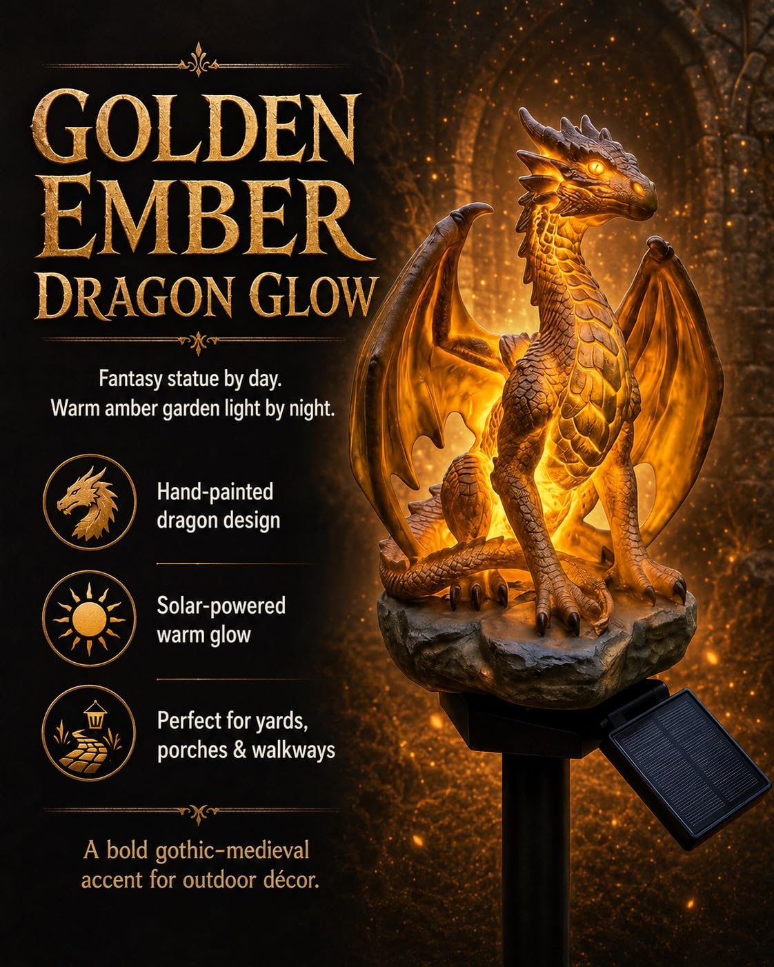 Luci Da Giardino Con Drago Ad Energia Solare, Lampada Per Statuette Da Esterno Con Braci Dorate, Decorazioni Per Statue Da Giardino Di Fantasia Gotica Medievale, Ornamento In Resina