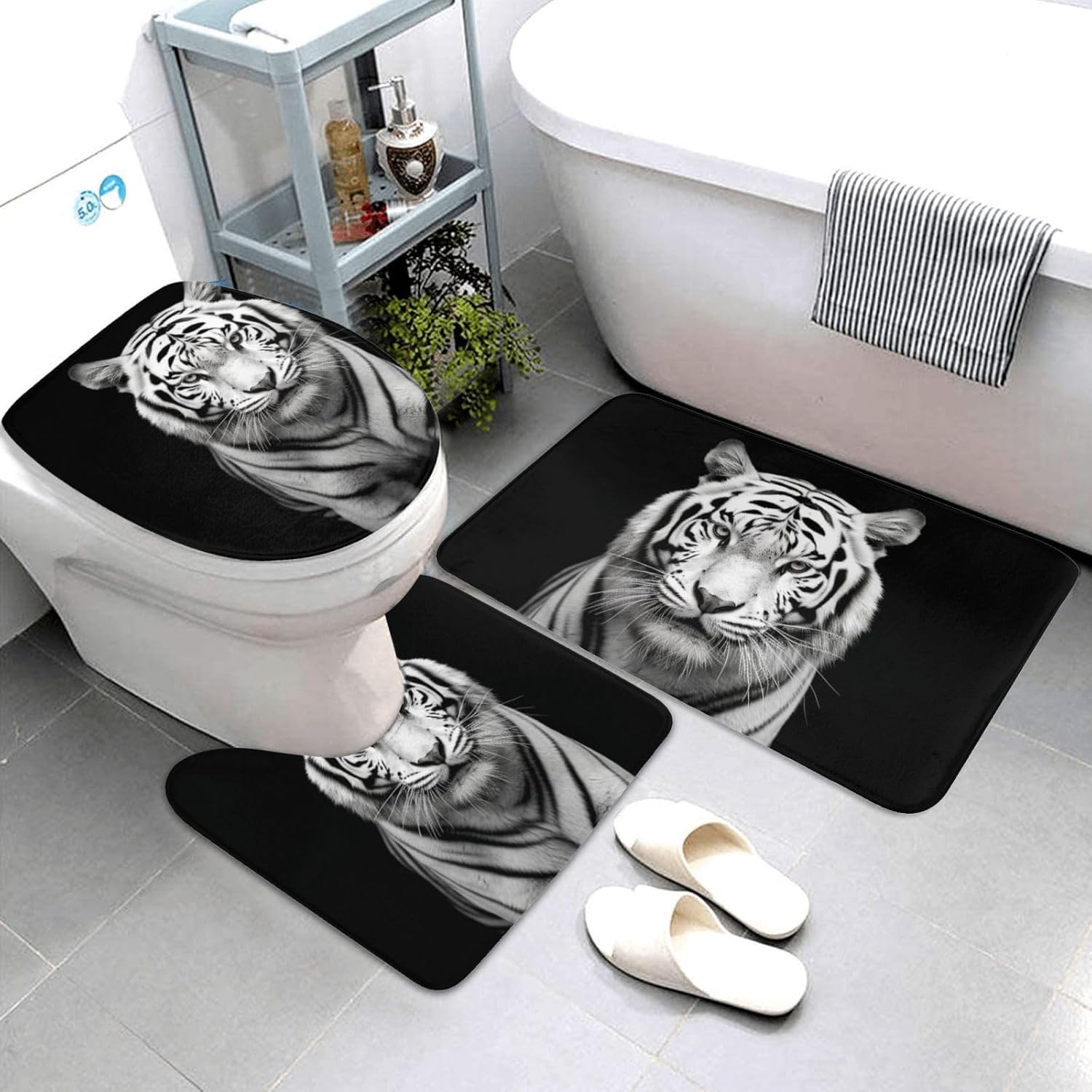 黒と白のタイガー バスルームラグセット 3ピース、ソフト吸収マイクロファイバーバスマット U字型輪郭トイレラグとトイレ蓋カバーセット