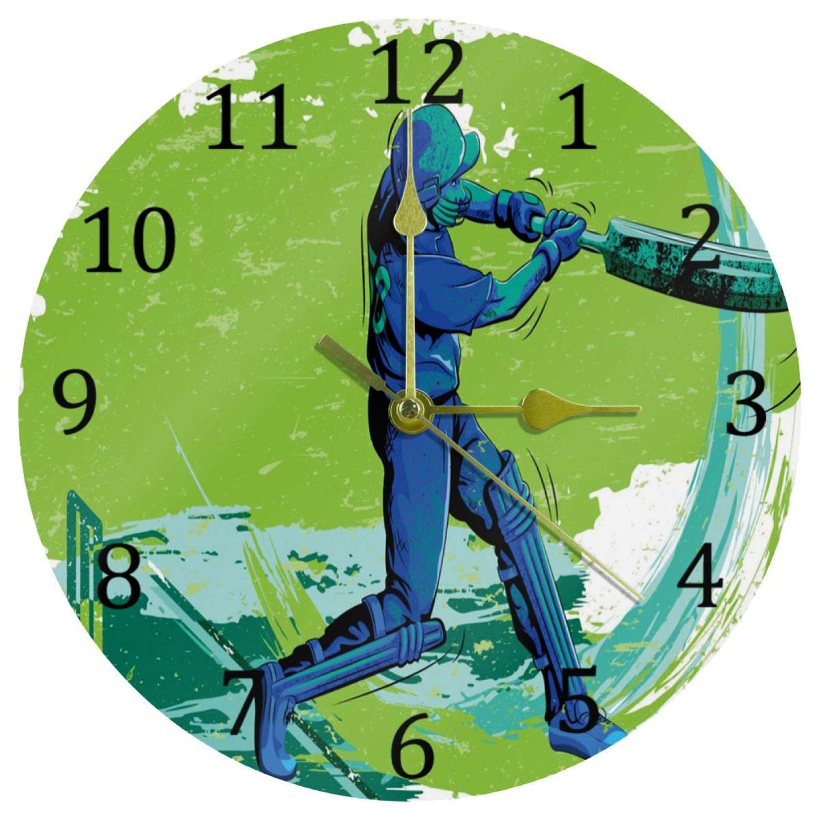 EJDKFNDSH Cricket Player Pitching Wall Clock, Silent Non Ticking Wall Clocks for Living Room Bathroom Kitchen Wall Decor, Modern Round Clock Battery Operated (9.85 Inch)